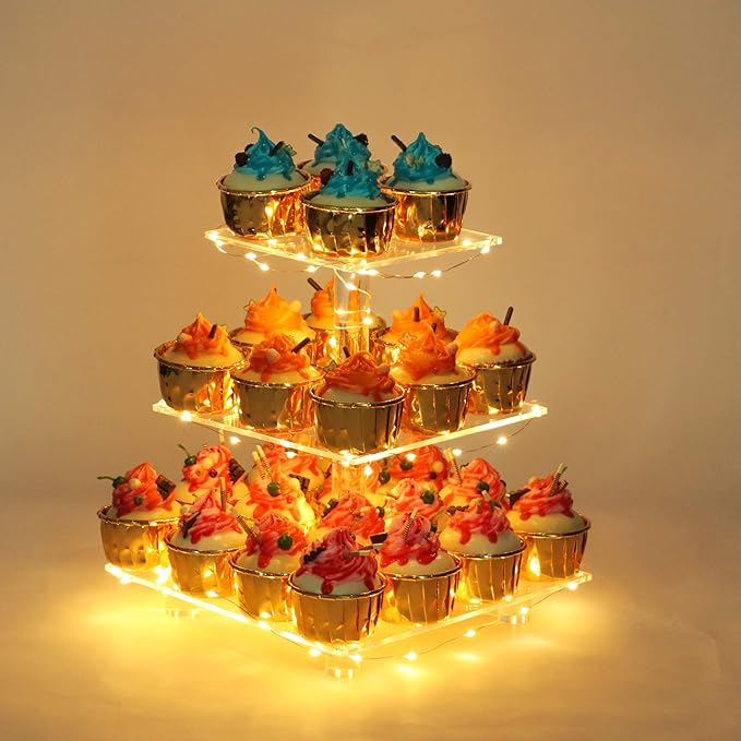 YestBuy 3 Tier Clear Square Cupcake Stand - Premium Cupcake Holder - Acrylic Cupcake Tower Display - Cady Bar Party Décor + LED Light String - Ideal for Weddings, Birthday Parties (Yellow Light)