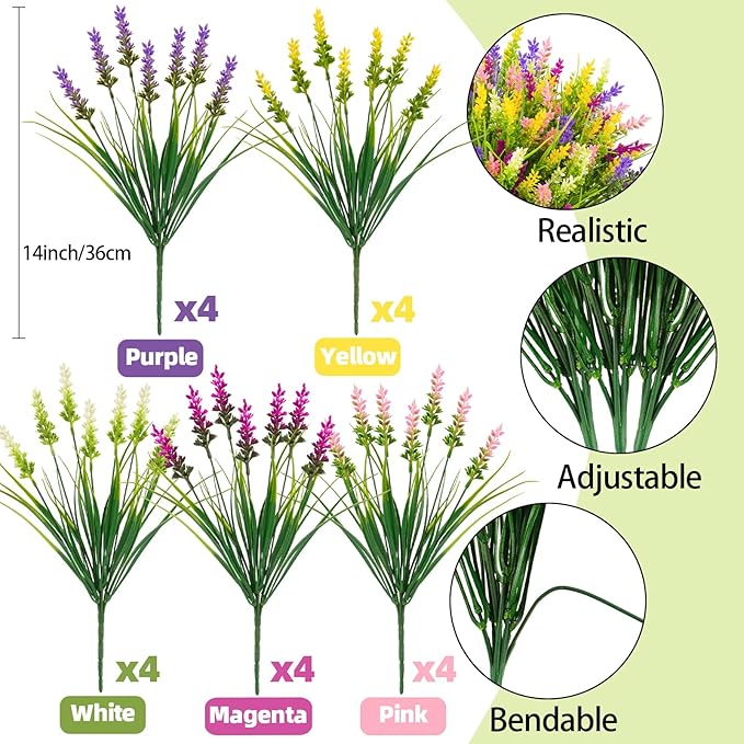 N&T NIETING 20 Bundles Artificial Plants Outdoor Fake Monkey Grass with Flowers for Pot Garden Verandah Decor for Window Garden Office Patio Hanging Planter Pathway Front Porch (Mix Color)