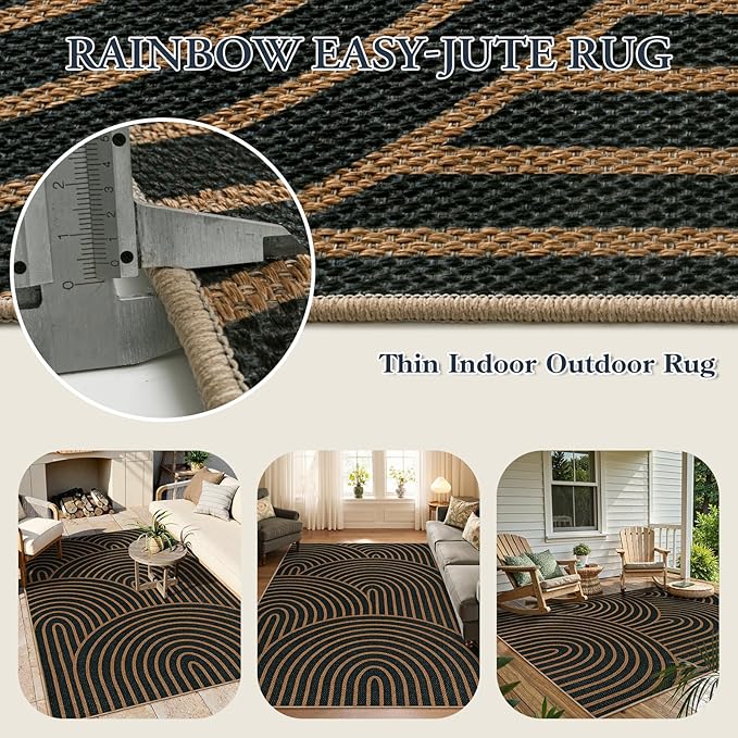 Lahome Modern Rainbow Easy Jute Carpet, Washable 5x7 Area Rugs for Living Room Black Farmhouse Dining Room Rug, Contemporary Natural Throw Mat Non Slip Floor Carpet for Office RV Patio