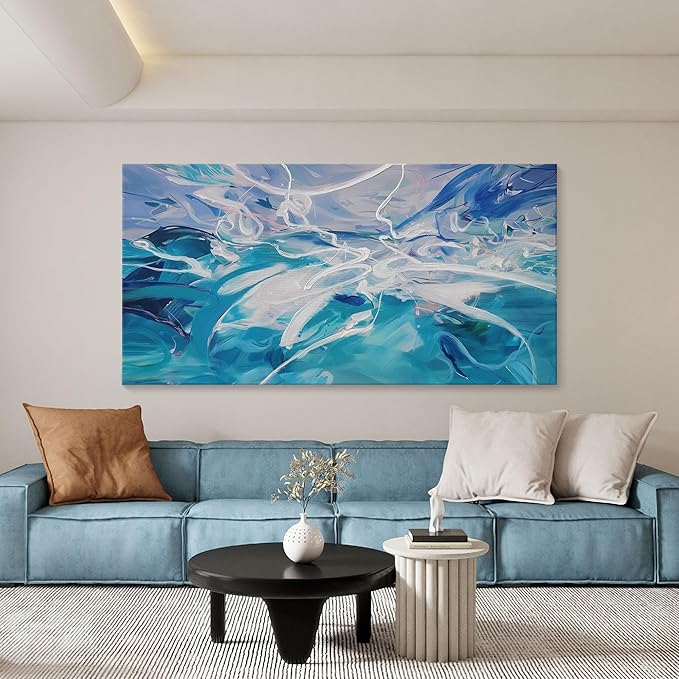 Blue Abstract Wall Art Modern Canvas Wall Paintings White Abstract Art for Living Room Pictures for Bedroom Wall Decor Office Home Decor Framed Artwork for Walls 29×58IN