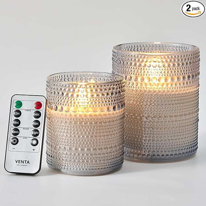 VENTA Flickering Flameless Candles With Remote Control - Led Candles Battery Operated - Battery Operated Candle For Decoration Table, Timer & Dimmer Features, Set - 2Pcs (4",5") (Grey Dotted Glass)