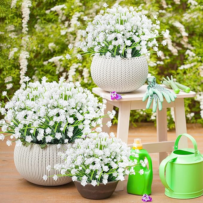 AmyHomie 20 Bundles Artificial Flowers for Outdoor Outside Spring Summer Decoration UV Resistant Faux Flowers No Fade Fake Plastic Plants Garden Porch Window Box Decorating (Pure White)
