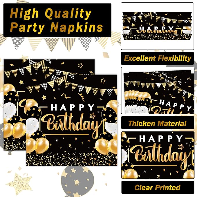 Birthday Oval Paper Plate 11inch Large Happy Birthdays Plates and Napkins, Black and Gold Party Decoration Favor Dish Tray for Man Woman Bday Baby Shower Holiday Gathering Supplies Tableware, 25 Guest