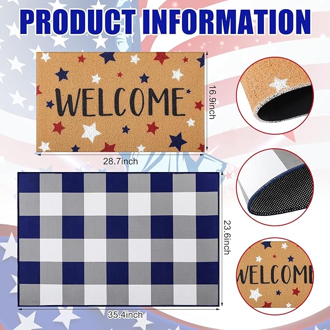 2 Pcs 4th of July Door Mat Patriotic Welcome Non Slip Coir Mats Red Blue White Independence Day Star Buffalo Floor Layering Doormats Seasonal for Front Porch Entryway Decor(Independence Day)
