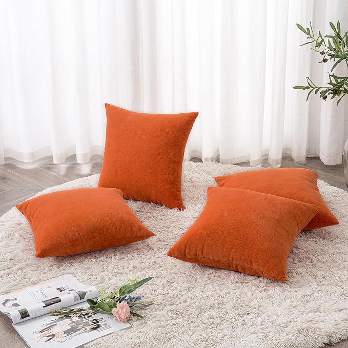 GAWAMAY Decorative Square Throw Pillow Covers 18"x18" Inch Set of 4, Super Soft Chenille Pillows Farmhouse Fall Pillowcase for Living Room Bedroom Sofa Couch Cushion Cover Burnt Orange 45x45cm