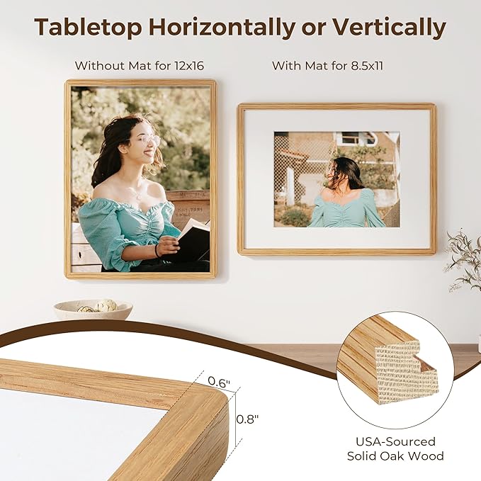Solid Oak Wood 12x16 Picture Frame, Farmhouse 12 x 16 Wooden Frames, 12x16 Frame Matted to 8.5x11, Tempered Real Glass, 12"x16" Frames Minimalist Art Frame for Home Deocr, Natural Oak Color, 1 Pack