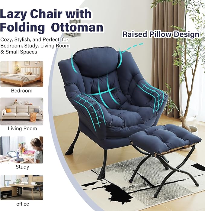 Lazy Chair with Ottoman, Modern Chair with Folding Footrest, Lounge Accent Chair, Comfortable Reading Chair (Navy Blue)