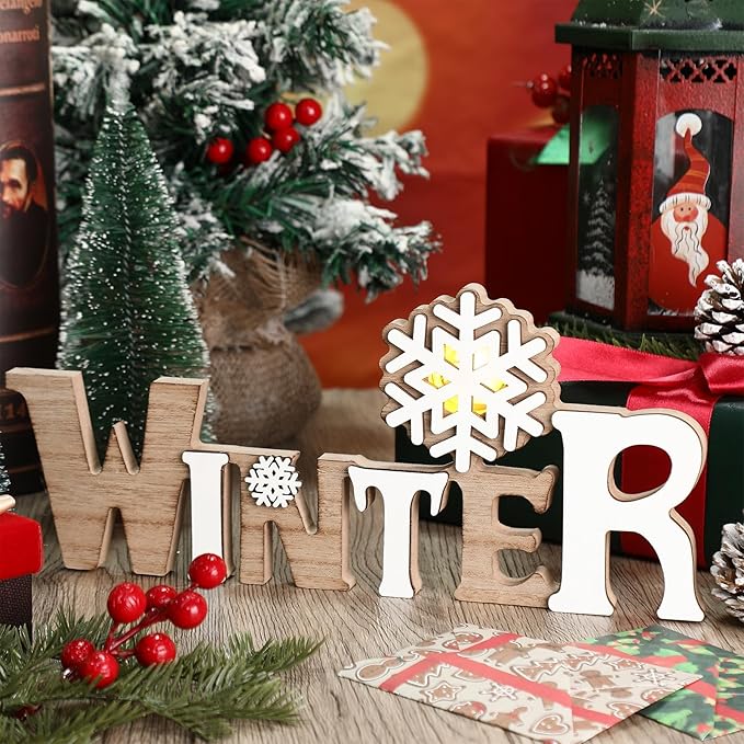 Geetery Winter LED Wooden Sign Rustic Wooden Words Sign Tabletop Centerpiece Decor Winter Snowflake Decorations for Table Home Indoor Party