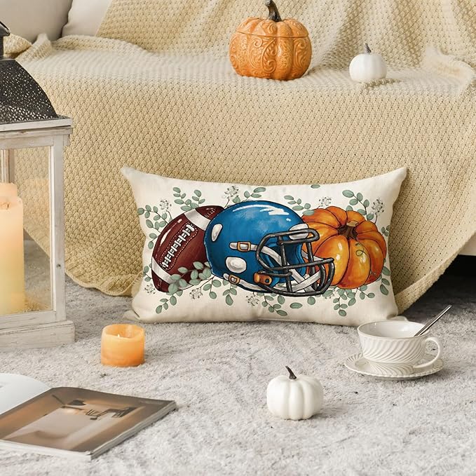 AVOIN colorlife Fall Football Pumpkin Throw Pillow Cover 12x20 Inch, Seasonal Autumn Eucalyptus Leaves Thanksgiving Harvest Blue Cushion Case Decoration for Sofa Couch