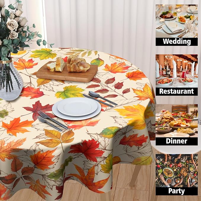Fall Round Tablecloth 60 Inch Autumn Maple Leaf Table Cloth Round Orange Autumn Thanksgiving Harvest Themed Decorative Tablecloths Fall Circle Table Cover for Home Kitchen Dining Room Living Room