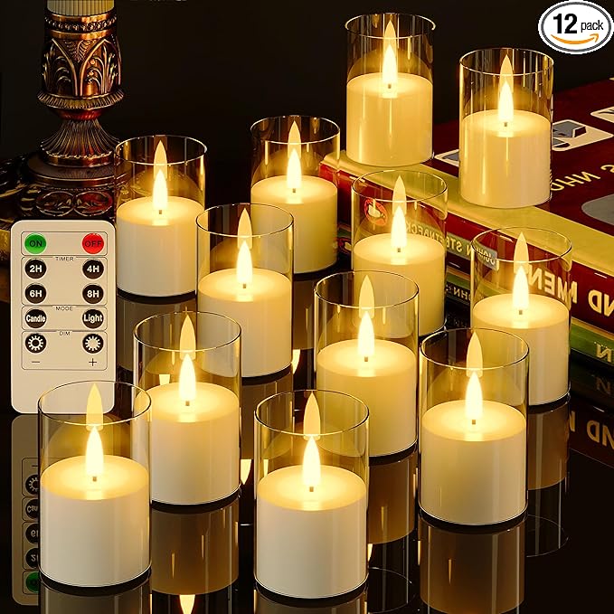 12Pack Flickering Flameless LED Candles with Remote & Timer, Battery Powered - Small Pillar & Votive, Clear (2"X3")