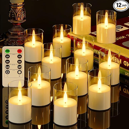 12Pack Flickering Flameless LED Candles with Remote & Timer, Battery Powered - Small Pillar & Votive, Clear (2"X3")