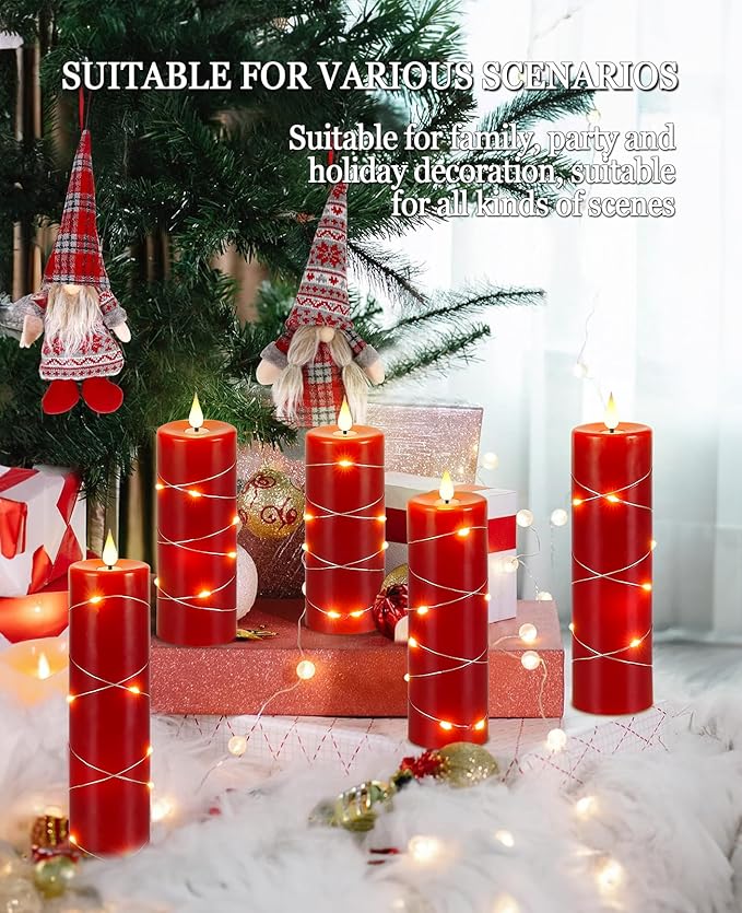 Da by Red Flameless Candles with String Lights, Battery Operated Candles with Remote Control and Timer,Flickering LED Pillar Candles for Home Décor,Real Wax,5 Pack -Red