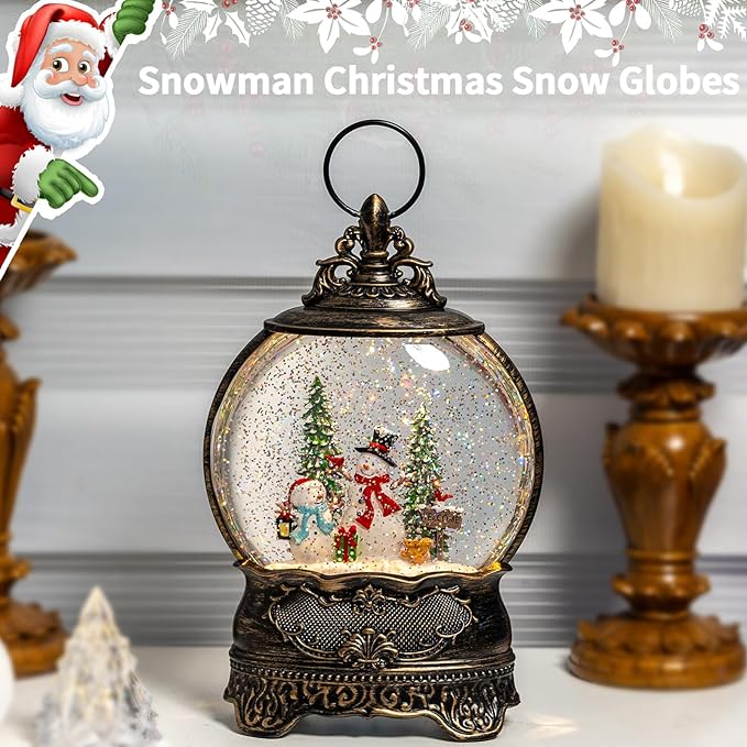 Christmas Snow Globes, Snowman Family Squirrel Cardinal Water Lantern, 8 Christmas Music, USB Powered & Battery, Holiday Decorations Gifts for Family Children or Friends