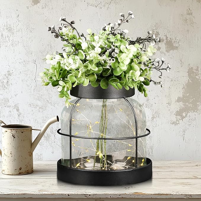 Farmhouse Rustic Vintage Primitive Glass Vases Lantern with Lights Green Artificial Eucalyptus Plants Home Decor Centerpiece for Coffee Office Dining Table Shelf Desk Counter Kitchen Bathroom, Black