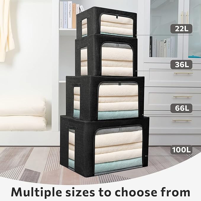 2 Pack Clothes Storage Bins Stackable Metal Frame Storage Box Foldable Linen Fabric Box Organizer with Carrying Handles and Clear Window (Black, 15.7x 11.8x 11.7 Inch)
