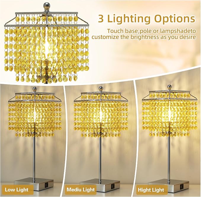 Crystal Table Lamp with Touch Control, Bedside Lamp with USB C+A Ports, 3-Way Dimmable with Crystal Shade for Girls Bedroom, Living Room, Light Yellow & B11 LED Bulb Included