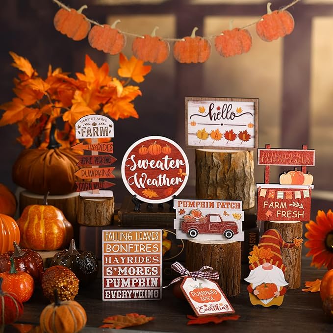 Amyhill 13 Pcs Fall Thanksgiving Tiered Tray Decor Set Pumpkin Maple Gnome Wooden Signs Hello Fall Table Centerpieces Farmhouse Tabletop Decorations for Home Autumn Harvest Shelf Table