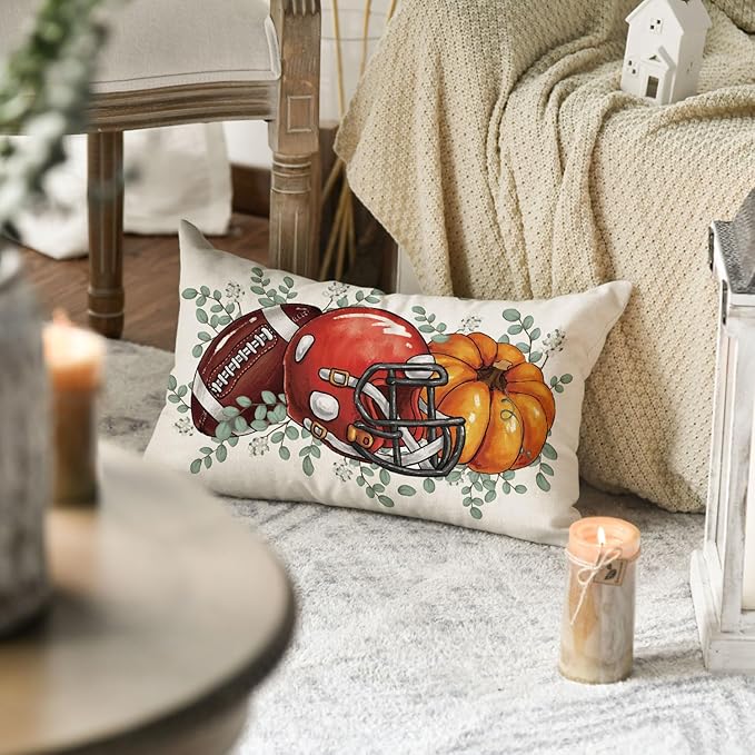 AVOIN colorlife Fall Football Pumpkin Throw Pillow Cover 12x20 Inch, Seasonal Autumn Eucalyptus Leaves Thanksgiving Harvest Cushion Case Decoration for Sofa Couch