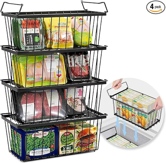 Tafura Freezer Organizer Bins (14" Lx7 Wx6.1 H) - 4 Pack Stackable Freezer Baskets Sort Frozen Meats & Food - Deep Freezer Organizer Bins with Handles for Upright & Chest Freezer (Black)