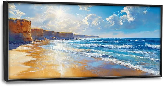 Coastal Beach Large Wall Art for Living Room, Ocean Sun Oversized Wall Decor Pictures, Seaside Framed Canvas Print Painting, Modern Artwork for Bedroom Office Home Decor 60"x30"