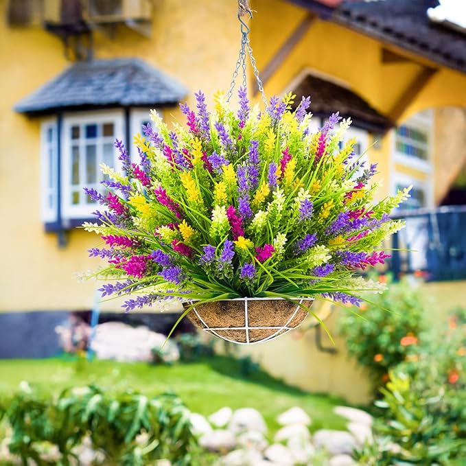 N&T NIETING 20 Bundles Artificial Plants Outdoor Fake Monkey Grass with Flowers for Pot Garden Verandah Decor for Window Garden Office Patio Hanging Planter Pathway Front Porch (Mix Color 2)