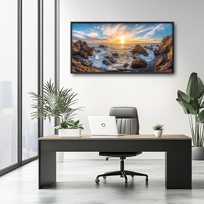 Coastal Large Wall Art for Living Room, Ocean Sunrise Oversized Wall Decor Pictures, Coast Seascape Framed Canvas Print Painting, Modern Artwork for Bedroom Office Home Decor 60"x30"