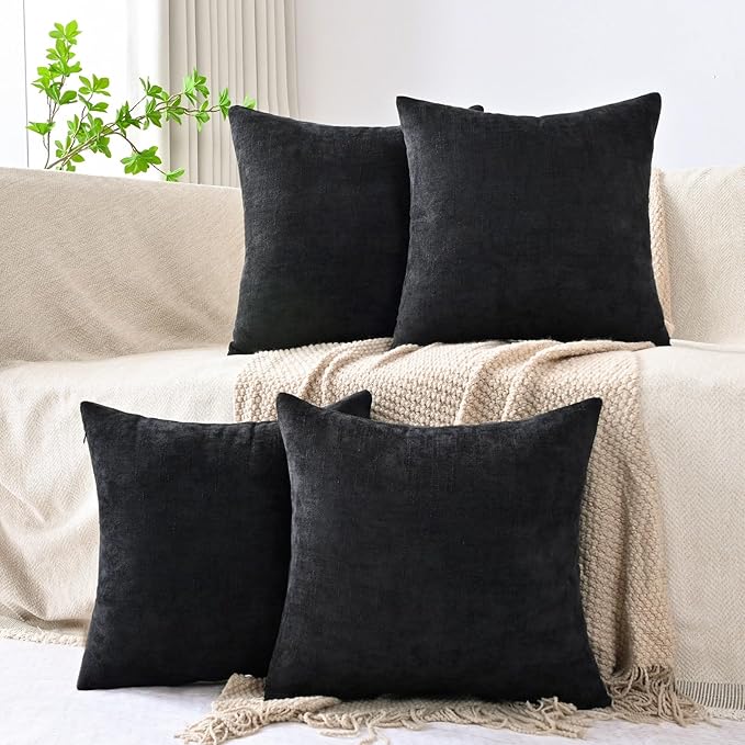 Set of 4 Soft Textured Decorative Throw Pillow Covers 20x20 Inch Cozy Farmhouse Cushion Cover Square Accent Pillow Cases for Bed Couch Sofa Living Room, Black
