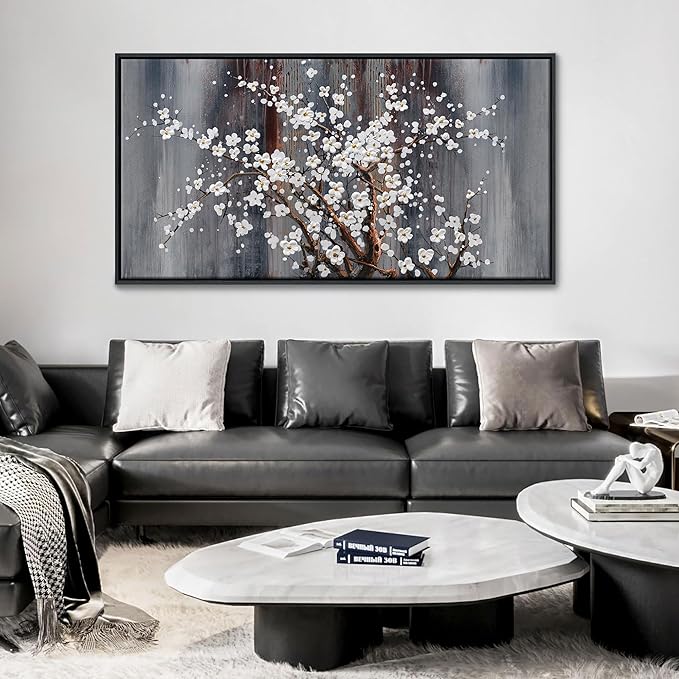Wall Art for Living Room Large Modern Wall Decor Canvas Paintings for Wall Decorations White Flower Brown Bedroom Office Artwork Plum Blossom Art Prints Framed 24×48IN