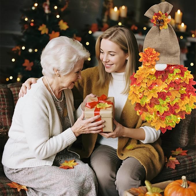 Fall Garland Gnome Door Hanging Wreaths with Maple Leaves LED String Lights, Artificial Maple Leaves Wreath for Autumn Harvest Thanksgiving Decoration Home Indoor Outdoor B