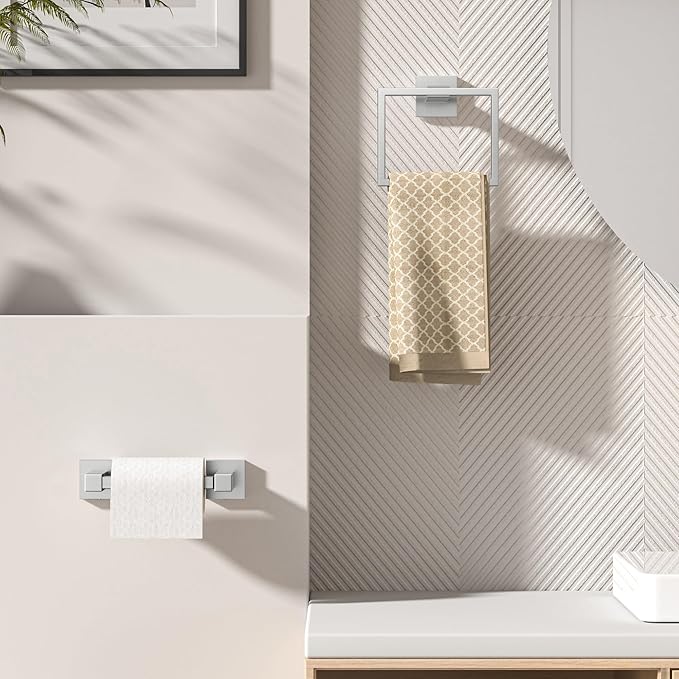 FORIOUS Toilet Paper Holder Set Wall Mount, SUS 304 Stainless Steel Pivoting Toilet Paper Holder and Towel Ring, Hand Towel Holder Set for Bathroom, Square Bathroom Hardware Set, Brushed Nickel