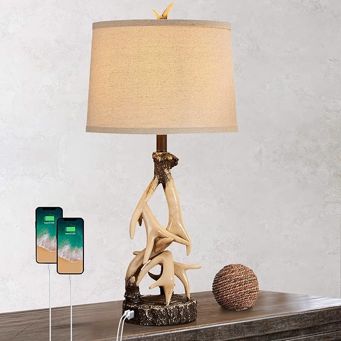 28" Farmhouse Table Lamp for Living Room, Western Rustic Lamp with USB Charging Ports Country Cabin Bedside Antler Lamps for Bedroom Foyer Office Vintage Rotary Control Single Brown- Bulb Not Included