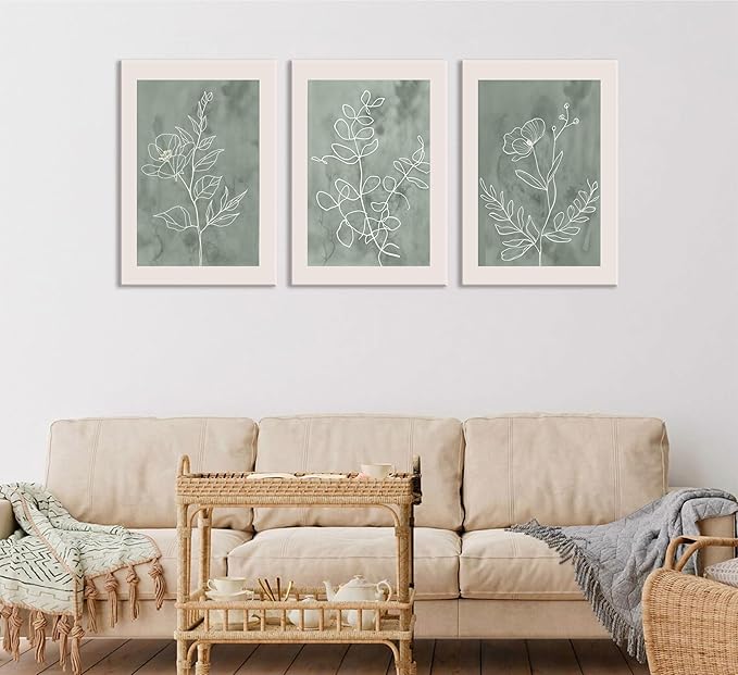 3Pcs Sage Green Botanical Wall Art Line Drawing Floral Canvas Poster Prints Modern Abstract Minimalist Picture Neutral Boho Artwork Simple Painting Wall Decor for Living Room Bedroom 16X24in Framed