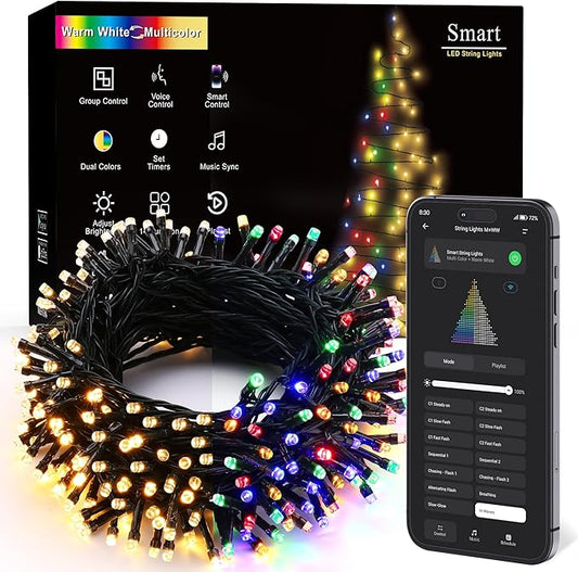 Brizled Smart Christmas Lights, 66FT 200 LED Color Changing Christmas String Lights App & Voice Control, Dimmable Warm White & Multicolor Xmas Tree Lights Music Sync for Indoor Outdoor Wedding Party