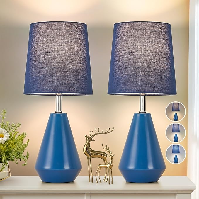 Small Bedside Table Lamp for Bedroom-Reading Desk Lamp Set of 2,with 3 Color Temperatures,15.5" Nightstand Ceramic Lamp with Fabric Shade for Kids Room,Living Room,Dorm,Home Office(Blue)