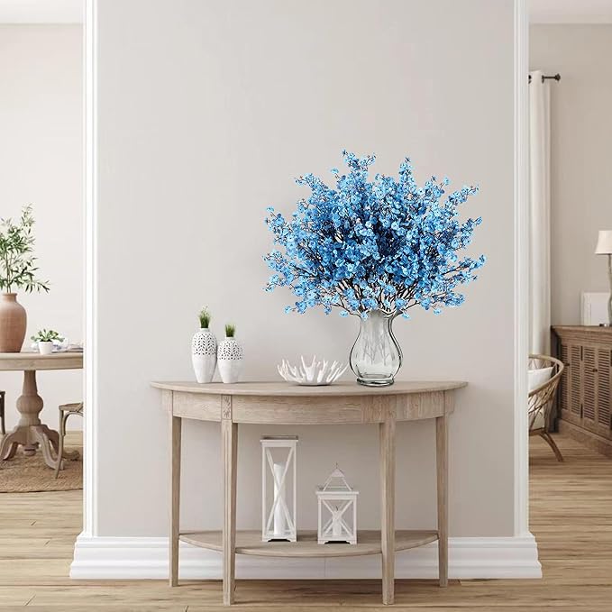 Sggvecsy 10 Pcs Babys Breath Artificial Flowers Gypsophila Bouquets Bulk Real Touch Fake Silk Flowers for Home Wedding DIY Floral Arrangement Kitchen Table Centerpiece Festival Decoration (Blue)