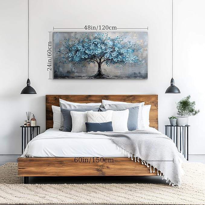 crmotu Tree of Life Large Wall Art for Living Room, Cherry Blossom Abstract Canvas Art Prints, Blue Flowers Tree Pictures Wall Decor, Nature Plant Modern Bedroom Bathroom Office Decor 24"X48"