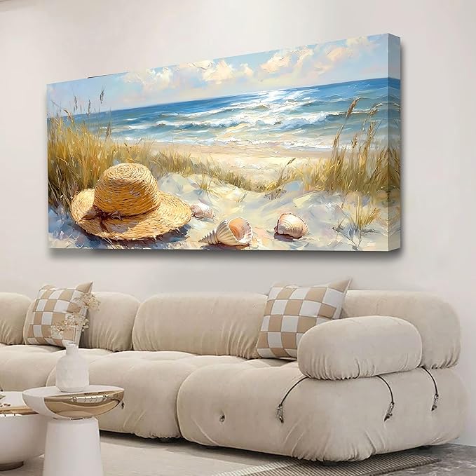 Beach Straw Hat Picture Printed Canvas Wall Art for Living Room, Office, Bedroom Wall Decor, Sea Landscape Wall Art Prints Modern Blue Yellow Landscape Artwork Waterproof Ready to Hang - 20x40 inches
