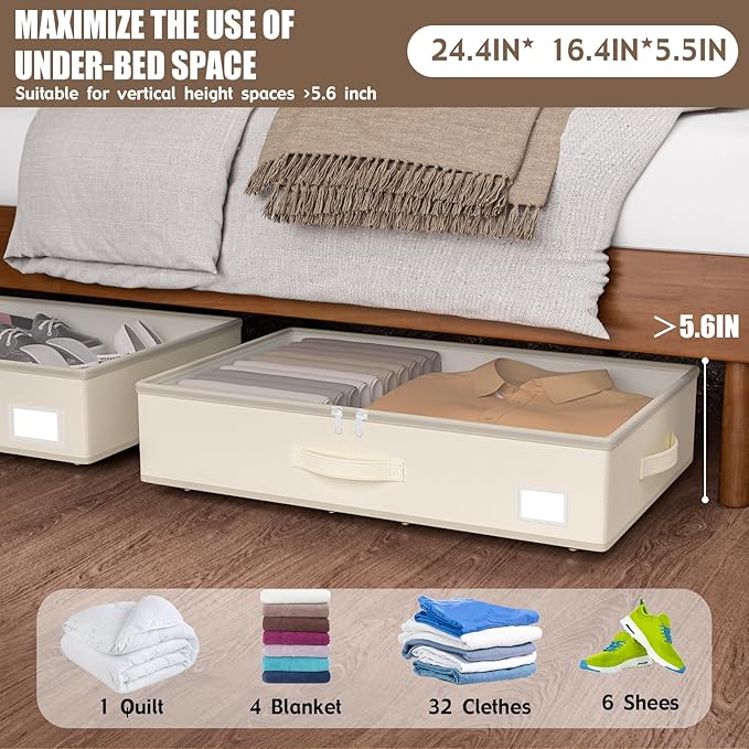 Under Bed Storage with Wheels, No Assemble Required 5.5 inches height beige under bed storage bins,Low Profile Rolling Under bed Shoe Storage containers，dorm under bed storage drawers