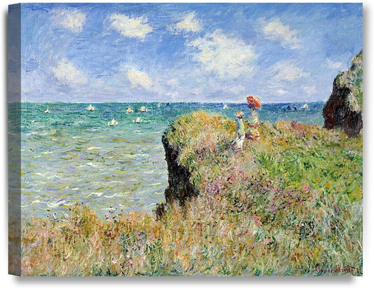 DECORARTS - The Cliff Walk At Pourville, Claude Monet Art Reproduction. Giclee Canvas Prints Wall Art for Home Decor 20x16