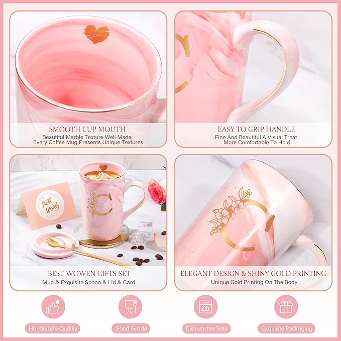 Personalized Gifts for Women Coffee Mug, 14 Oz Pink Initial Customized Mugs with Flower, Birthday Gifts for Women, Cool Mug Christmas Mother's Day Gift for Her Wife Mom Grandma Friend Sister Unique,C