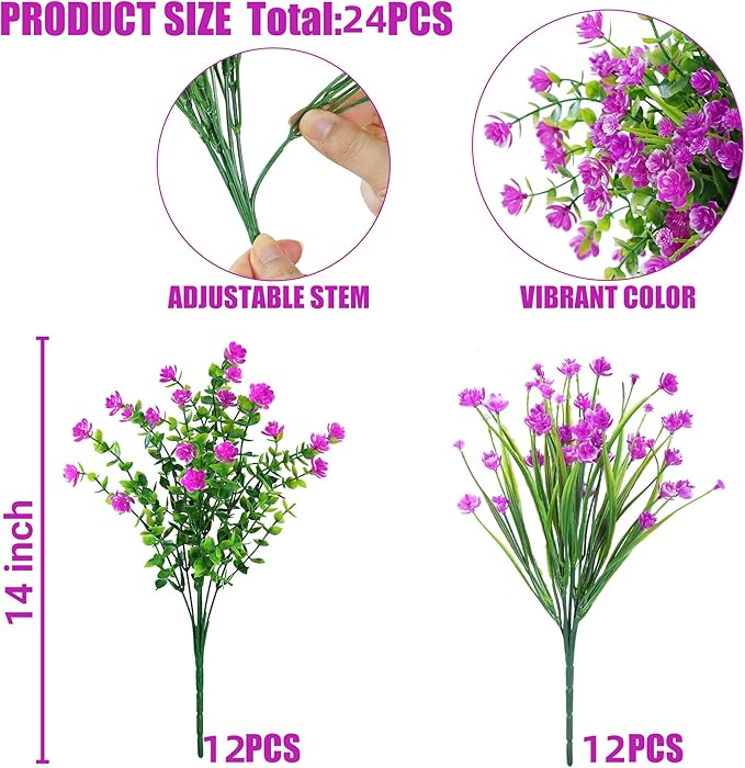 Sggvecsy Artificial Flowers for Outdoors 24 Bundles UV Resistant Boxwood Shrubs Artificial Eucalyptus Fake Plants Faux Plastic Greenery for Farmhouse Garden Home Indoor Outdoor Decoration（Magenta）