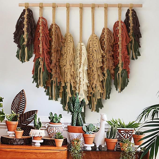 Macrame Wall Hanging with Handmade Woven Leaves Boho Feather Tapestry for Modern Apartment, Chic Dorm Decor, Cozy Bedroom or Nursery Wall Art, Leaf Wall Decor for Living Room Backdrop27" Wx26" L