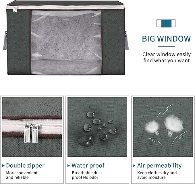 Large Storage Bags, 8 Pack Clothes Storage Bins Foldable Closet Organizers Storage Containers with Durable Handles Thick Fabric for Blanket Comforter Clothing Bedding 90 L (Gray)