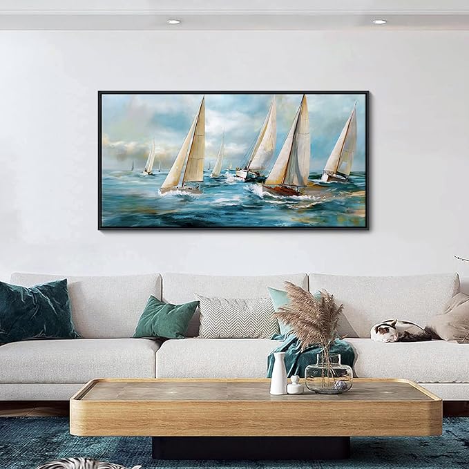 YDYSUNE Sailboat Wall Art - Blue Canvas Abstract Painting Textured Picture Artwork Vintage Nautical Large Painting Coastal Modern Print Frame for Living Room Bedroom Home 24x48inch