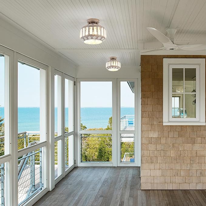 Rustic Crystal Ceiling Light, Semi Flush Mount Ceiling Light in Vintage Brass Finish, Modern Light Fixture for Bedroom, Hallway, Entryway, or Living Room