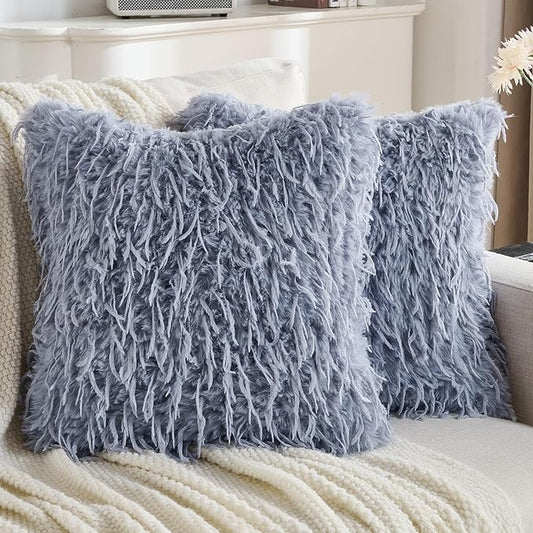 FUTEI Grey Blue Decorative Throw Pillow Covers 20x20 Inch Set of 2,Soft Fluffy Faux Feather Texture Cushion Cases,Modern Home Luxury Decor for Couch Bed Living Room