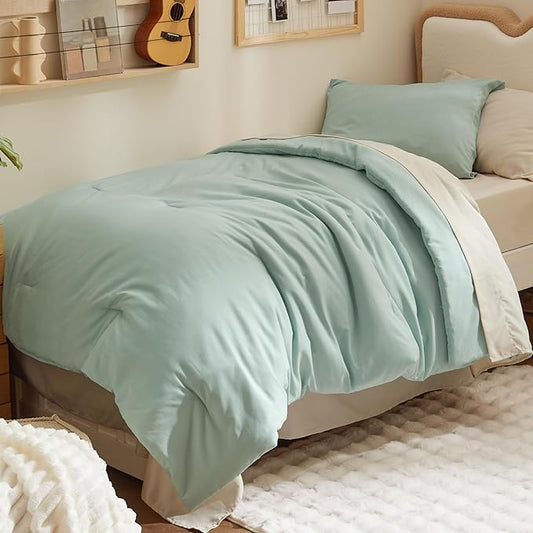Bedsure Twin XL Comforter Set - Extra Long 5 Pieces Sage Green Twin XL Bedding Set for All Seasons, Boho Contrasting Design Bed in a Bag with Comforter, Sheets, Pillowcase & Sham
