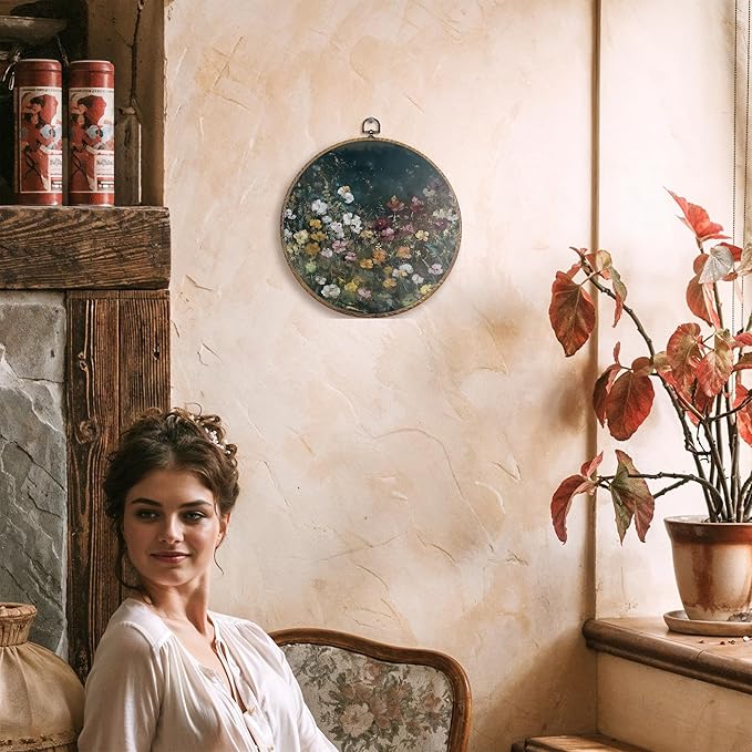 FUGWN Dark Cottagecore Moody Wildflower Round Wall Art Decor Framed, Vintage Flower Botanical Canvas Artwork Prints, Retro Colorful Floral Wall Hanging Decorations for Home Bedroom Room, 10x10 Inch