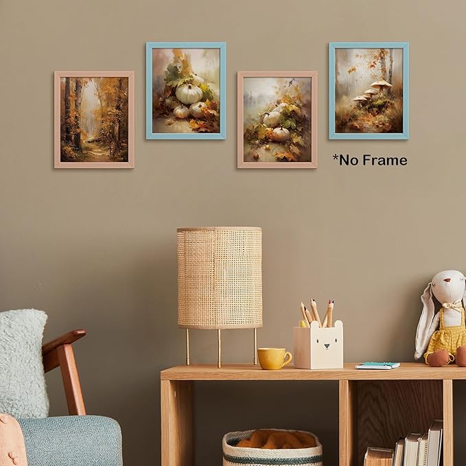 TLESKE Fall Vintage Forest Landscape Posters Prints Unframed 8x10 Set of 4, Autumn Pumpkins Mushroom Wall Art Prints Decor for Farmhouse Bedroom Living Room, Cottagecore Rustic Wall Pictures